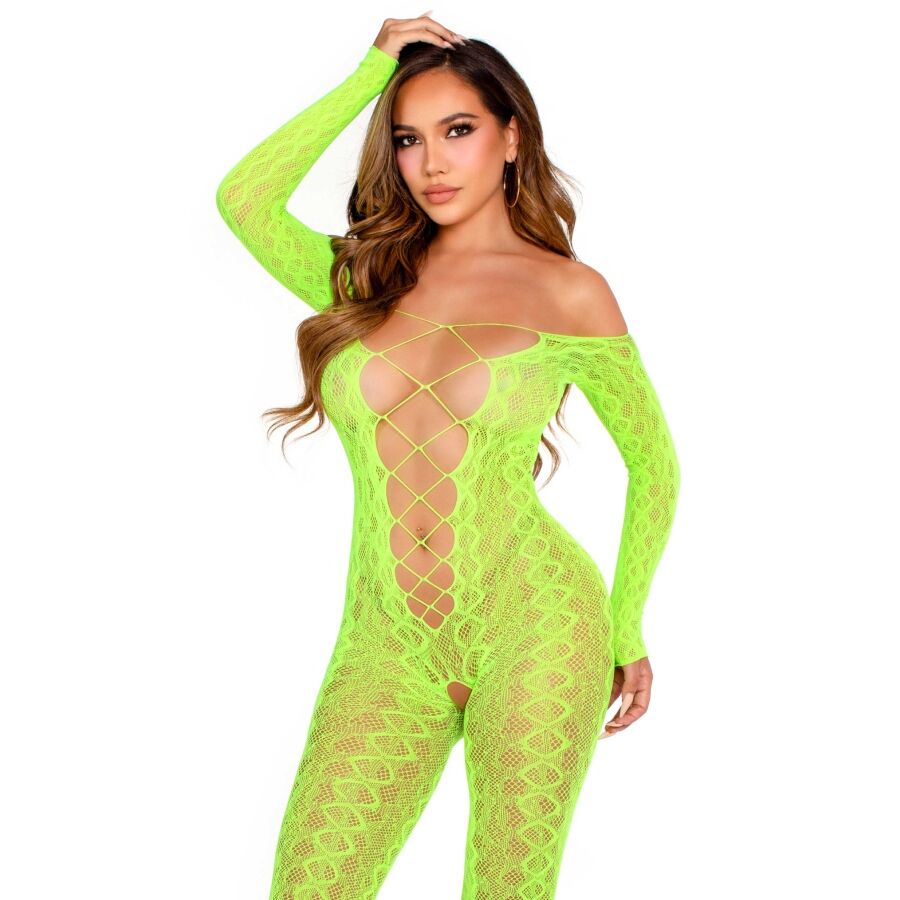 LEG AVENUE - BODYSTOCKING SIN ENTREPIERNA DE ENCAJE DE SERPIENTE EXÓTICA VERDE NEÓN